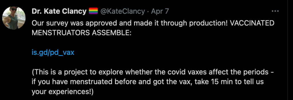 Our survey was approved and made it through production! VACCINATED MENSTRUATORS ASSEMBLE
(This is a project to explore whether the covid vaxes affect the periods - if you have menstruated before and got the vax, take 15 min to tell us your experiences!)